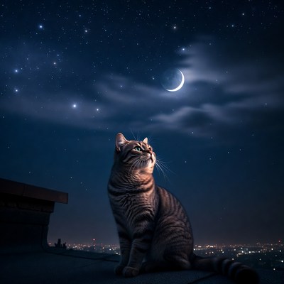 Cat gazing at starry night sky