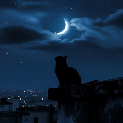 Black cat on rooftop under crescent moon