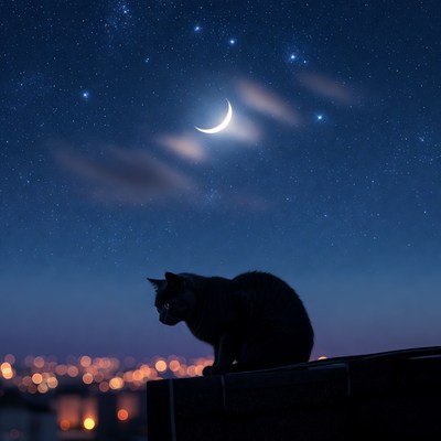Black cat on rooftop under starry moonlit sky