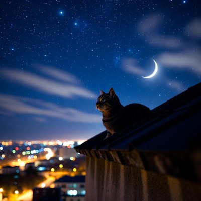 Cat sitting on roof under starry sky