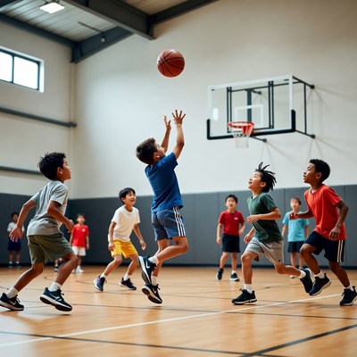 Boys playing basketball in gym