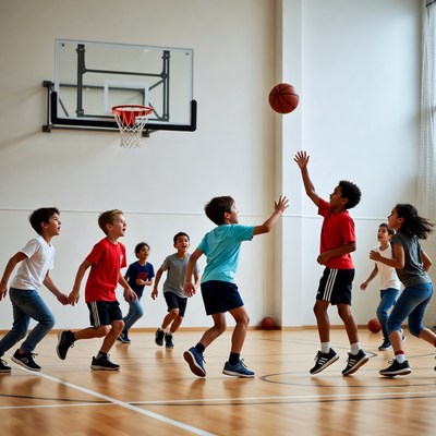 Children playing basketball in gym