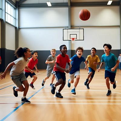 Diverse kids playing basketball in gym