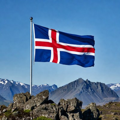 Icelandic Flag on Pole with Mountains