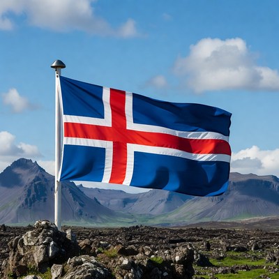 Icelandic Flag on Pole with Mountains