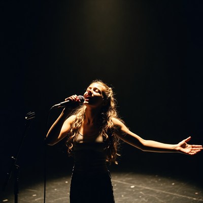 Woman singing passionately on stage
