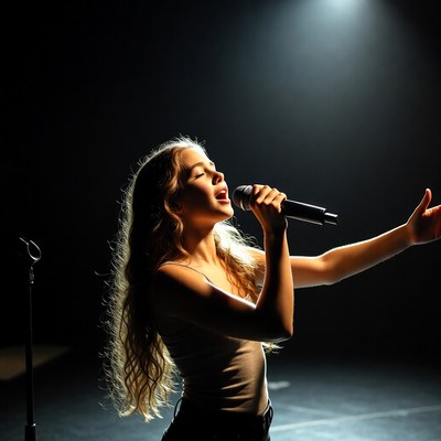 Young woman singing on stage
