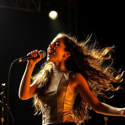 Young woman singing on stage