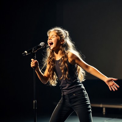 Girl singing into microphone on stage