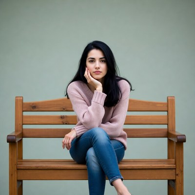 Woman sitting on wooden bench