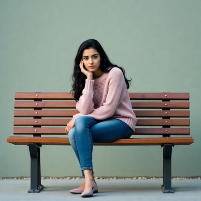 Indian woman sitting on wooden bench