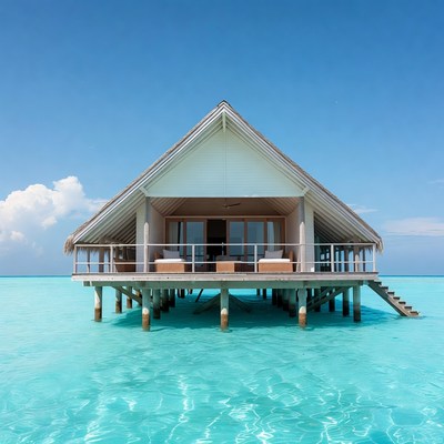Overwater bungalow in turquoise lagoon