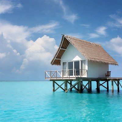 Overwater bungalow in turquoise ocean