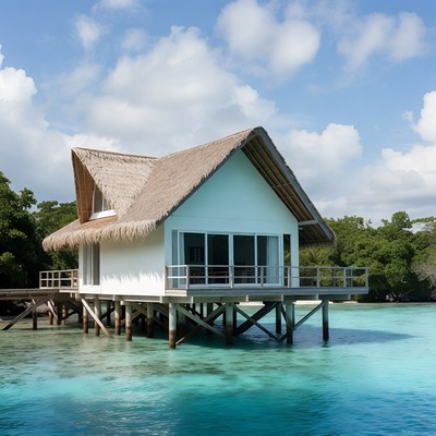Overwater bungalow in turquoise ocean