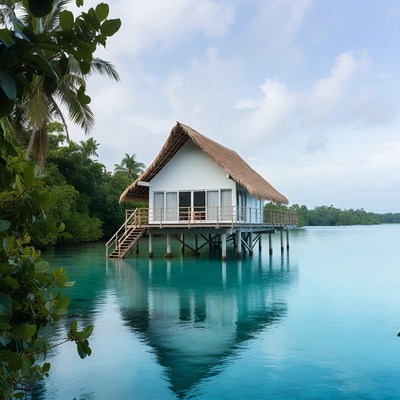 Overwater bungalow in turquoise lagoon