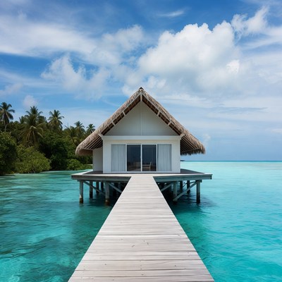 Overwater bungalow on turquoise lagoon