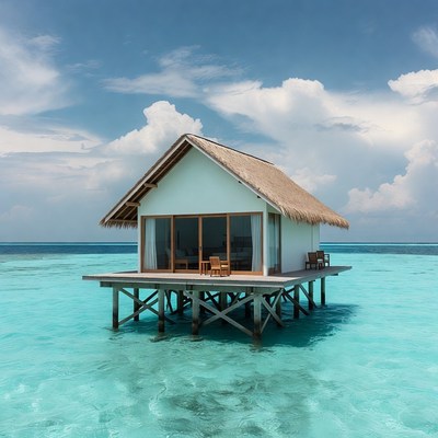Overwater bungalow in turquoise lagoon