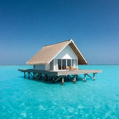Overwater bungalow in turquoise ocean
