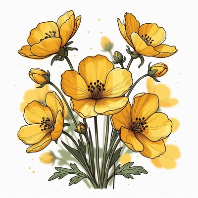 Yellow Ranunculus Flowers Bouquet Illustration
