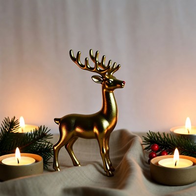 Golden Reindeer with Candles and Holly