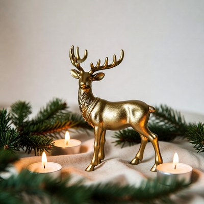 Golden Deer Figurine with Christmas Greenery