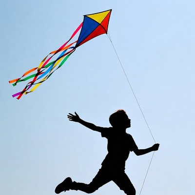 Boy flying colorful kite silhouette