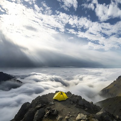 Yellow tent on mountain peak above clouds