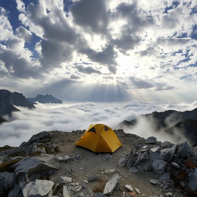 Yellow tent on mountain peak above clouds