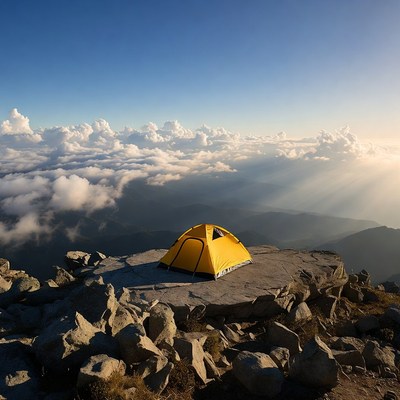 Yellow tent on mountain peak above clouds