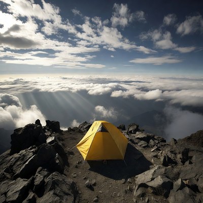 Yellow tent on mountain peak