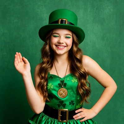 Girl in green leprechaun costume waving