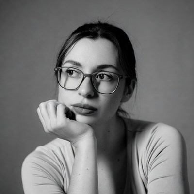 Woman with glasses hand on chin