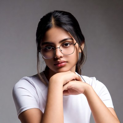 Young Asian woman in glasses chin resting