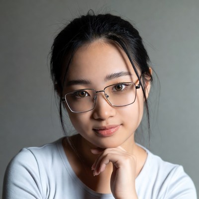 Asian woman with glasses smiling
