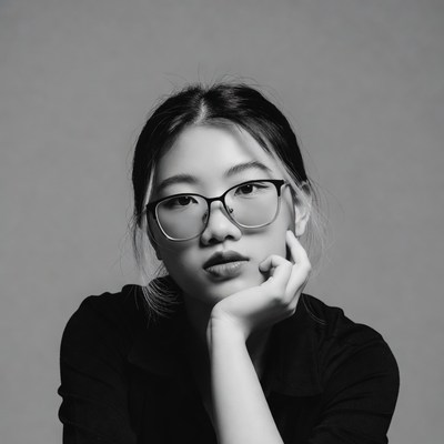 Asian woman with glasses hand on chin