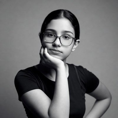 Indian girl with glasses hand on chin