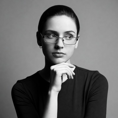 Woman in glasses with hand on chin