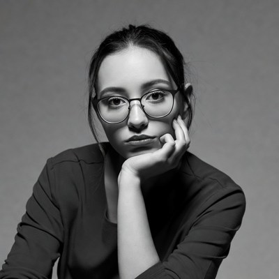 Asian woman in glasses thoughtful pose