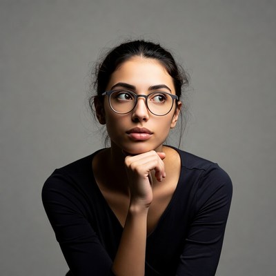 Woman with glasses hand on chin