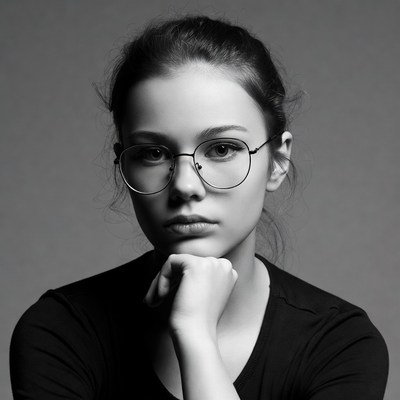 Young woman with glasses hand on chin
