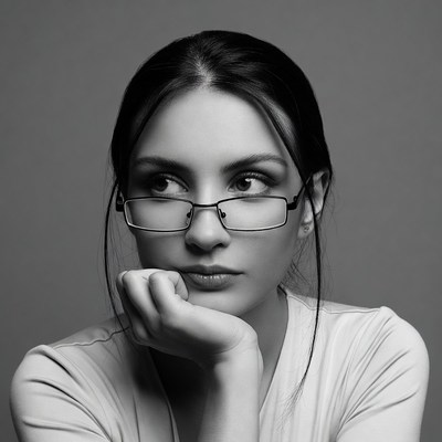 Woman with glasses hand on chin