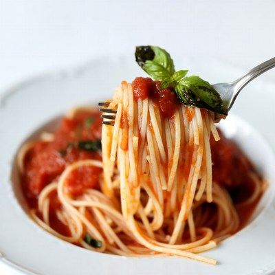 Spaghetti with marinara sauce on fork