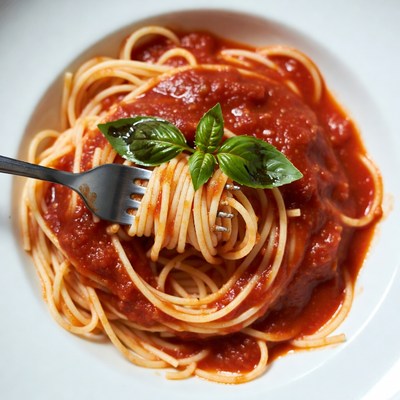 Spaghetti with fork and basil