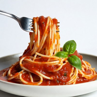 Fork lifting spaghetti with marinara sauce