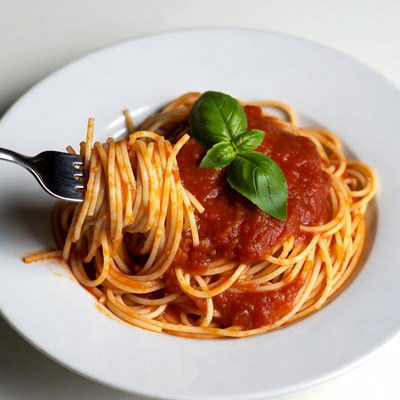 Spaghetti with marinara sauce on fork
