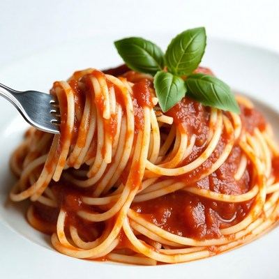 Spaghetti with fork and basil