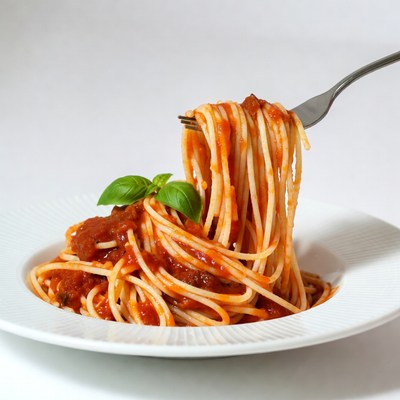 Spaghetti with marinara lifted by fork
