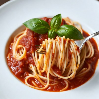 Spaghetti with marinara sauce and fork