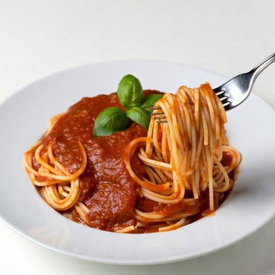 Spaghetti with marinara sauce on fork