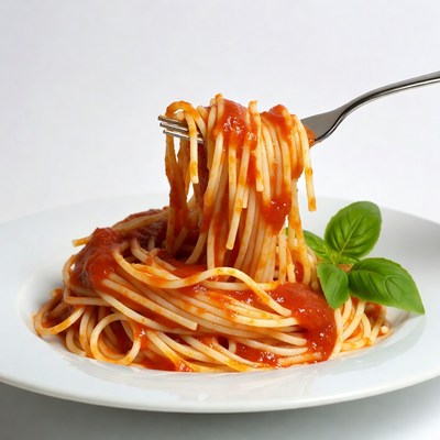 Spaghetti with marinara on fork